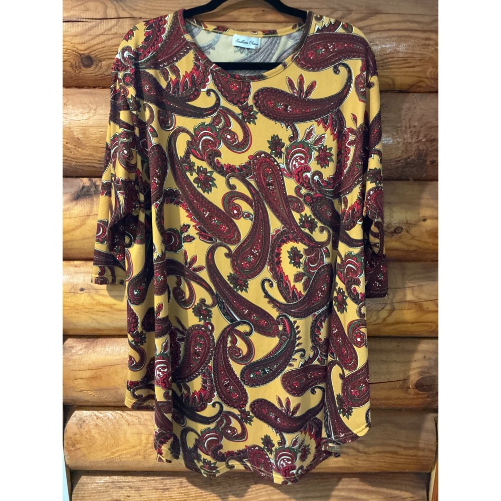 Southern Charm Womens 3XL Mustard‎ Yellow Paisley 3/4 Sleeve Tunic Top Plus Size
